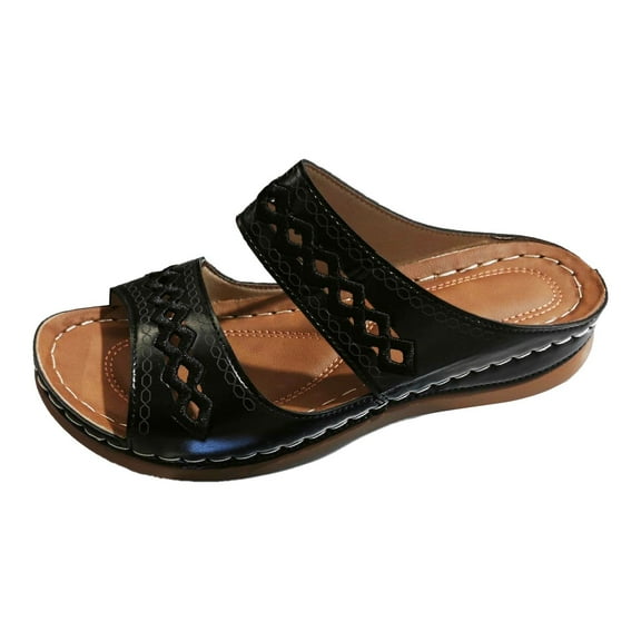Slippers for Women,Summer Slippers Casual Open Toe Embroidered Sandals With Wedge Heel For Daily Wear Comfortable On Shoes,Womens Slippers,Black,9.5