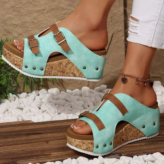 Slippers for Women Wedge Heel Thick Sole Open Toe Slip-on Buckle Strap Slides Women Footwear Beach Vacation Holiday Vintage FashionGreen 9