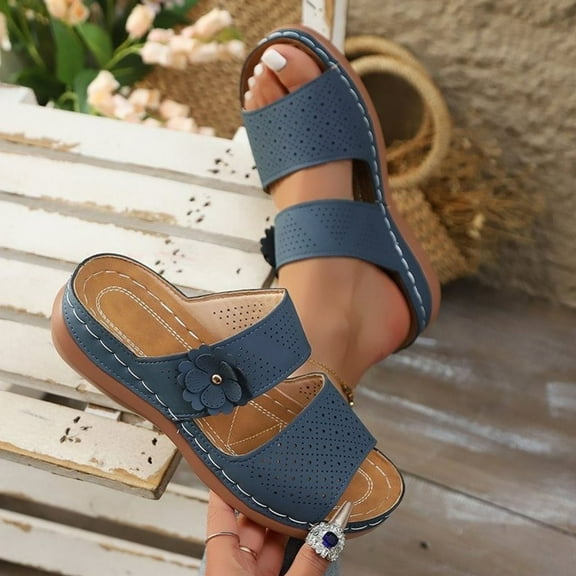 Slippers for Women Wedge Peep Toe Slip-On Slides Slippers Shoes Footwear for Women Beach Vacation Holiday Vintage Fashion Blue 42