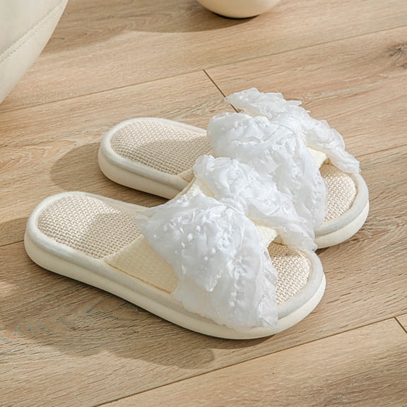 Slippers for Women, Winter House Slippers Indoor Outdoor Women Fashionable Casual Versatile Indoor Bow Linen Home Girls' And Linen Slippers