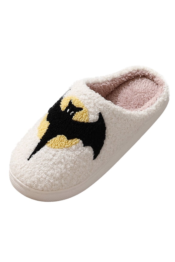Slippers for Womens Mens Women Shoes Fashion Flat Slippers Halloween Bat Cartoon Warm Couple Cotton Slippers Winter Warm Fluffy Shoes,Black-A