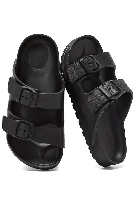 Kids Double Buckle Slide Sandals – Boys & Girls Backless Summer EVA Sandles, Lightweight Adjustable Comfort Shoes for Beach, Pool, Shower & Outdoor Play