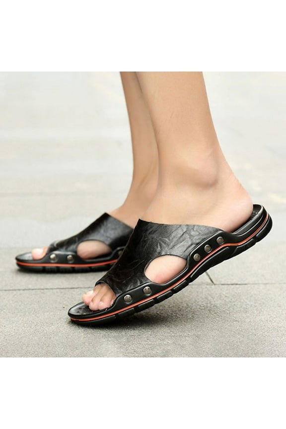 Slippers under $15 Xysaqa Mens Sandals Open Toe Faux Leather Slides for Men Summer Beach Slide Slippers Men Comfort Slip on Sandals On Clearance