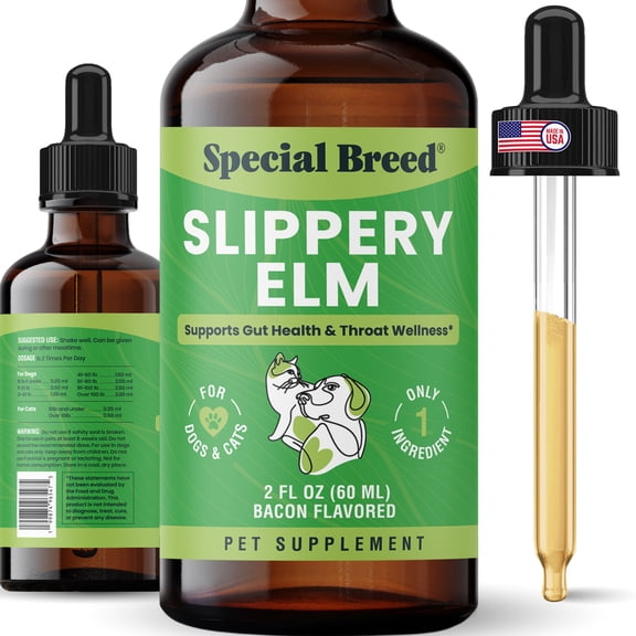 Slippery Elm for Dogs and Cats - Soothing Digestive Relief and Gut Support - Stomach Comfort and Throat Support - Herbal Drops for Pets - Easy to Use - Bacon Flavored - 2 fl oz