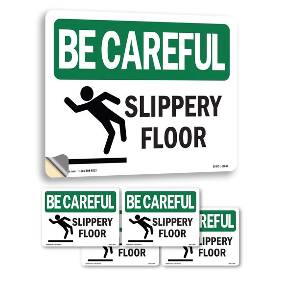 Slippery Floor OSHA Be Careful Vinyl Decal Label 5 Inch x 3.5 Inch - 5 Pack