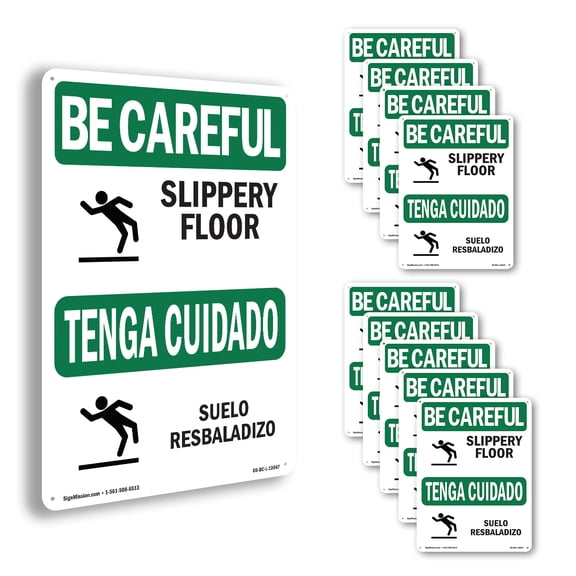 Slippery Floor With Symbol Bilingual OSHA Be Careful Aluminum Sign 24 Inch x 18 Inch - 10 Pack