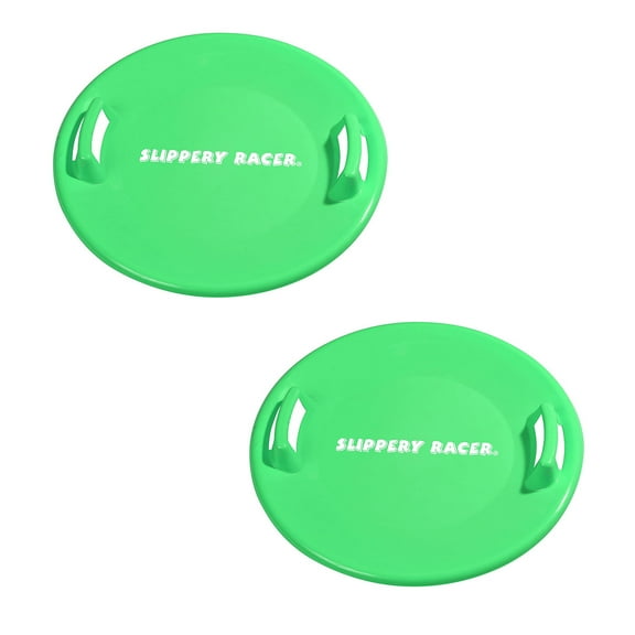 Slippery Racer Downhill Pro Adult/Kid Saucer Disc Snow Sled, Green (2 Pack)