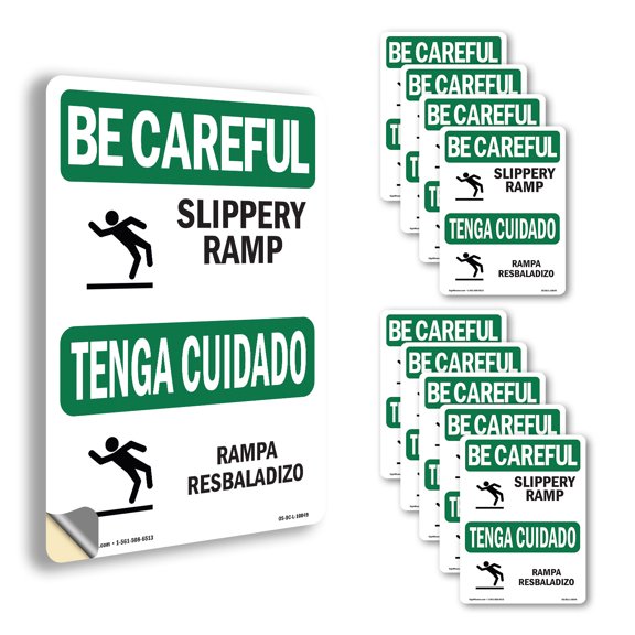 Slippery Ramp With Symbol Bilingual OSHA Be Careful Vinyl Decal Label 7 Inch x 5 Inch - 10 Pack
