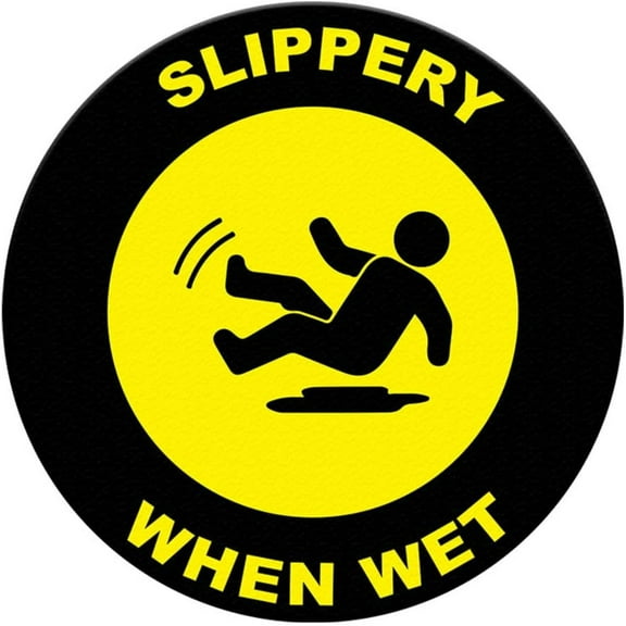Slippery When Wet Floor Decals Yellow Black Anti-Slip Round Shape A Lifestyle Industrial Signs Stickers 17Inches Longer Side