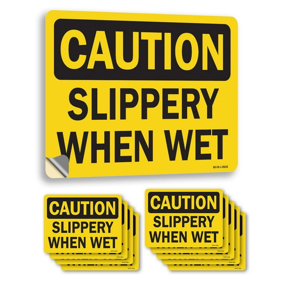 Slippery When Wet OSHA Caution Vinyl Decal Label 14 Inch x 10 Inch - 10 Pack