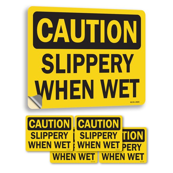 Slippery When Wet OSHA Caution Vinyl Decal Label 7 Inch x 5 Inch - 5 Pack
