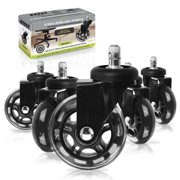 Slipstick 3" Floor Protecting Rollerblade Office Chair Wheels 7/16" Stem, Black, Set of 5