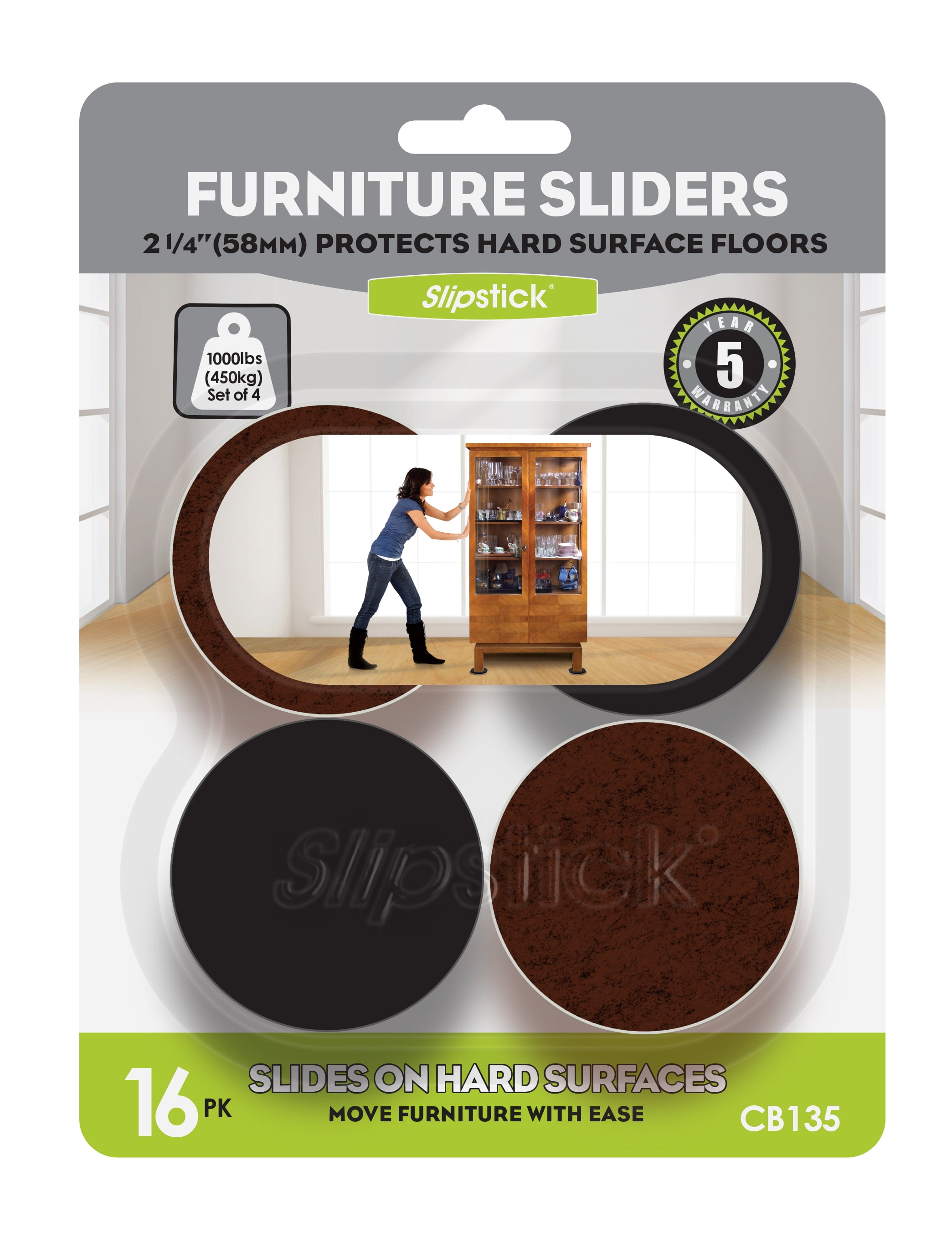 Slipstick CB135 21/4 Inch Round Felt Furniture Sliders for Hardwood Floors (16 Pack) Premium