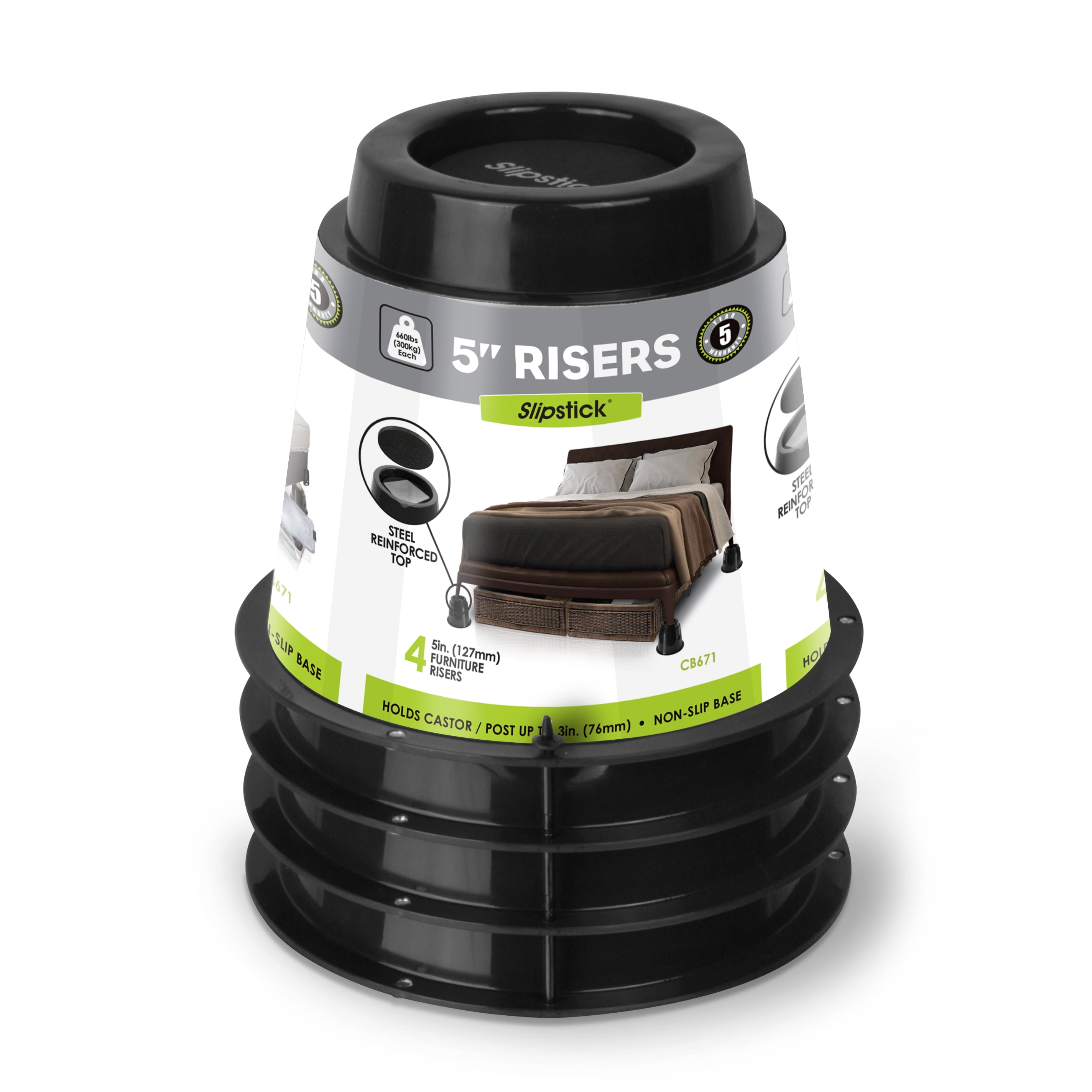 Slipstick 5 Inch Black Steel Reinforced Bed Risers, 4 Pack