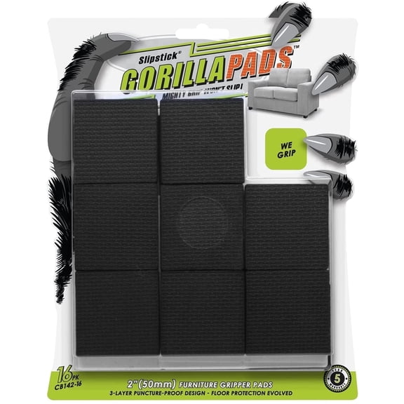 Slipstick Gorilla Pad CB142-16, 2 in Square Non-Slip Furniture Gripper Pads, Set of 16
