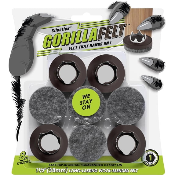 Slipstick GorillaFelt 1-1/2 Inch Felt Glides/Furniture Feet Floor Protectors (Set of 8 Sliders) Nail On Felt Furniture Pads Guaranteed to Stay On, Round, CB270-8