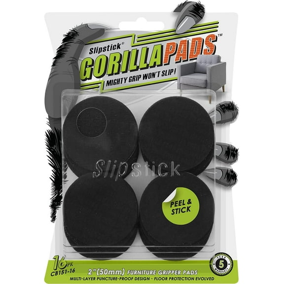 Slipstick GorillaPads Non Slip Furniture Pads/Gripper Feet Floor Protectors (Set of 16) Premium 2 Inch Round Self Adhesive Rubber Stoppers for Furniture Legs, Black, CB151-16