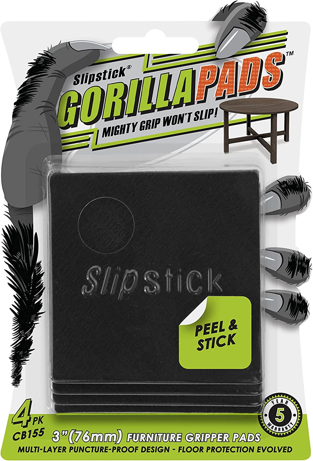 Slipstick GorillaPads CB149 Non-Slip Furniture Pads/Rubber Grippers (Set of  8) Self-Adhesive Furniture Feet Floor Protectors, 1-1/2 inch Round, Black 