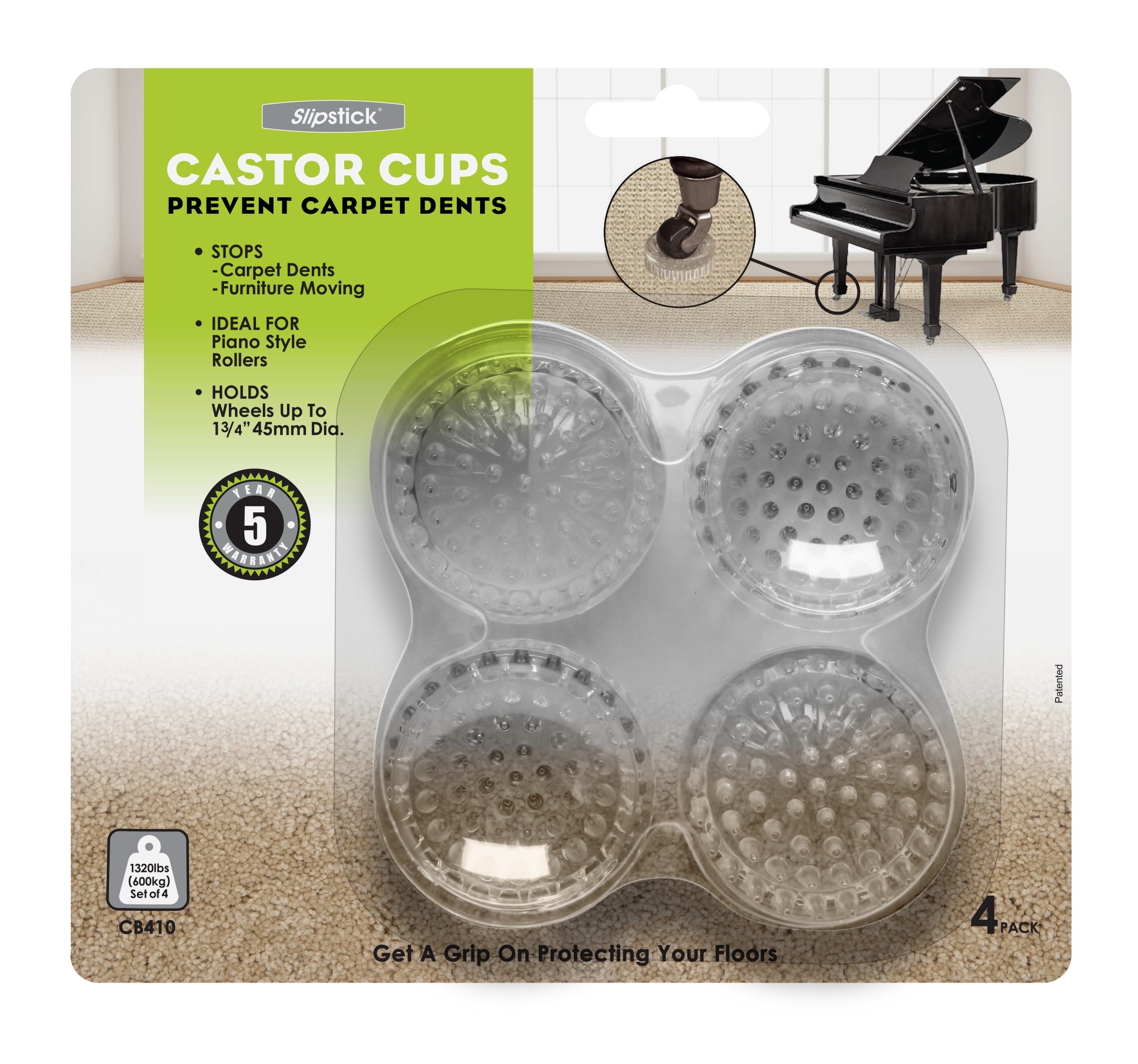 Slipstick Plastic Carpet Castor Cups, 1 3/4", Non Slip Backing