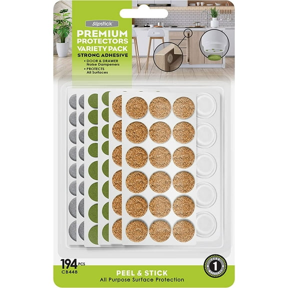 Slipstick Premium Adhesive Protector Pads Variety Pack (194 Piece) Cabinet Door Drawer Bumpers and Small Universal Surface Protector Pads, Clear Rubber, Foam, Cork, and Green Felt Protectors