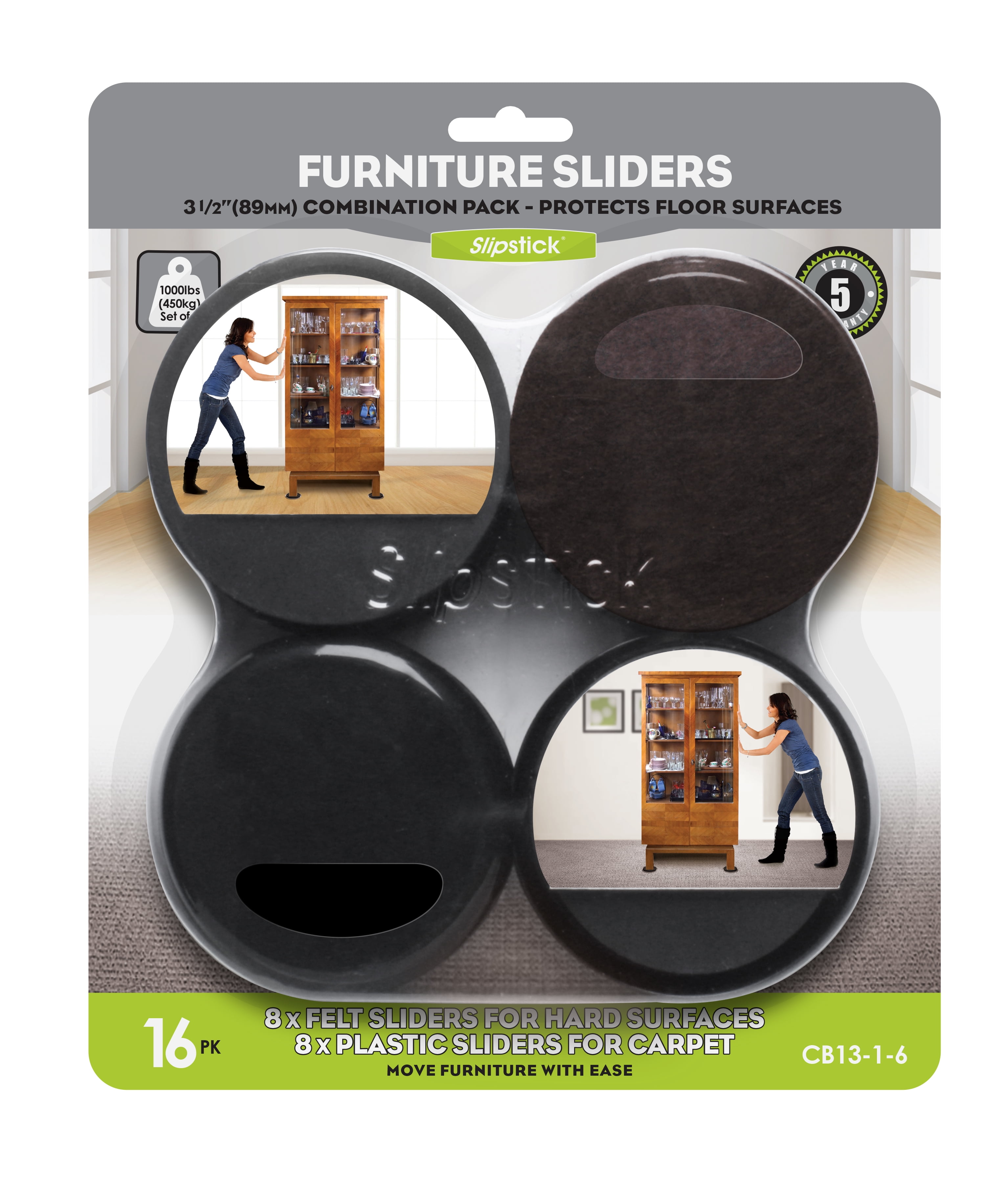 Slipstick Premium Furniture Sliders for All Floor Surfaces (16 Piece Moving  Kit) Reusable 3.5” Round Furniture Movers for Sliding Furniture on Hardwood  & Carpet, Black, CB13-1-16 