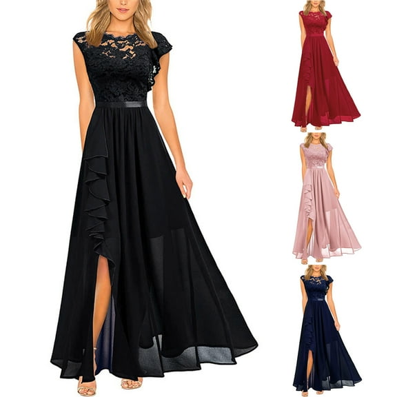 Slit Long Ball Gown Evening Dress for Women Fashion Fashion Olyvenn Crew Neck Bodice Dress Formal Solid Sundress High Waist Big Swing Slim Fit Flowy Smocked Cami Sleeveless Prom Dress Black 4