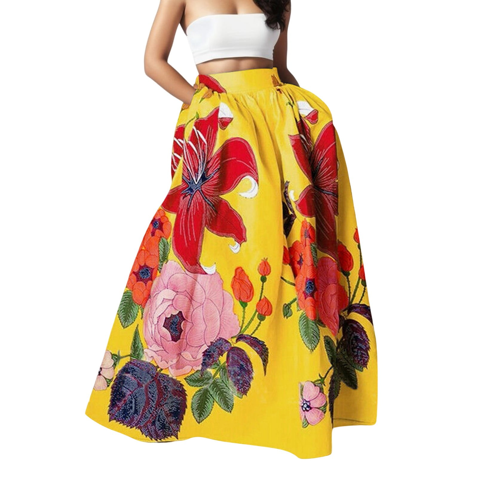 Générique Women Bohemian Floral Print Maxi Skirt High Waist Pocket Party Beach Long Skirt Beach Dress Woman, Green, S
