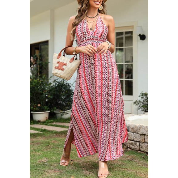 Slit Printed Halter Neck Dress