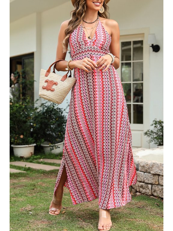 Slit Printed Halter Neck Dress