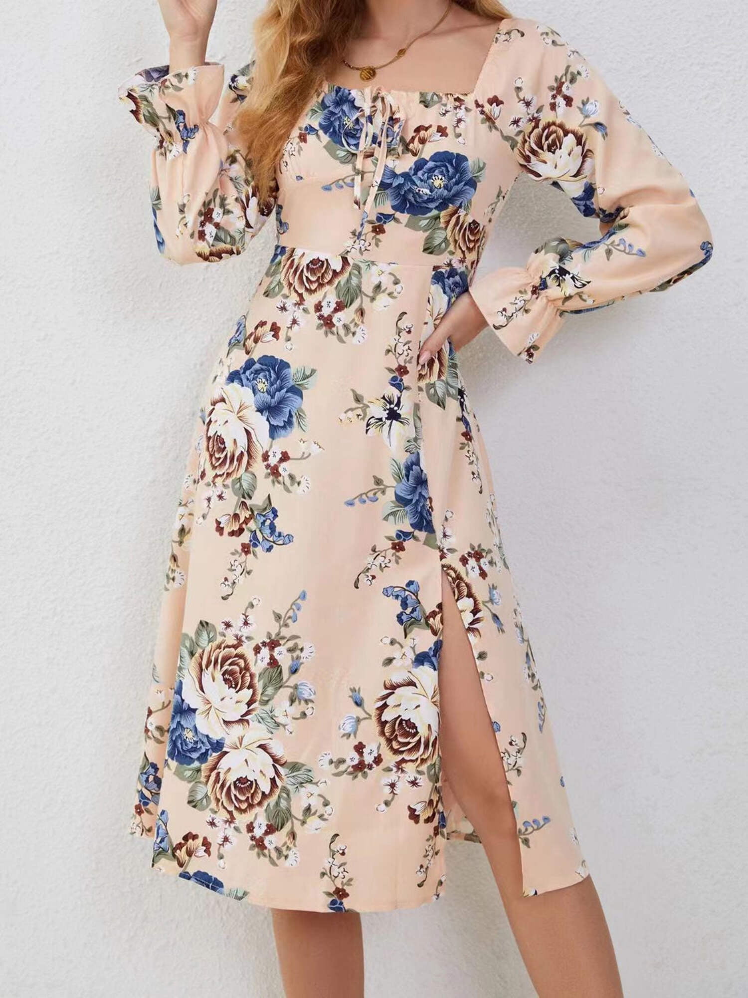 Plus Size Square Neck Long Sleeve Slit Dress