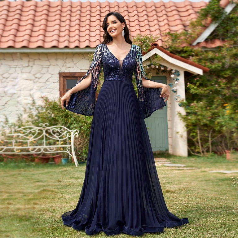 formal aline dress Slit Sleeves Pleated Ball Gown for Women Contrast Sequin Maxi Evening Wedding Guest Princess Tail Week 23 - 2026