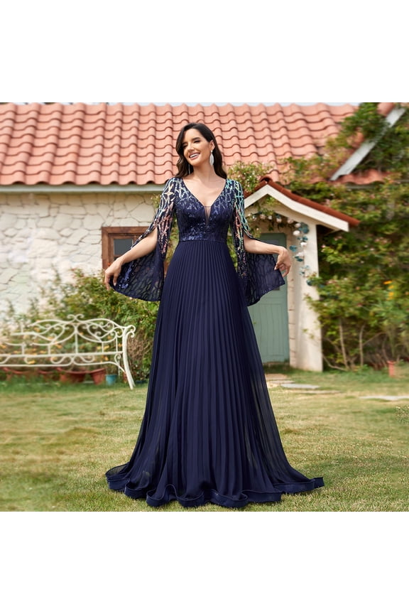 Slit Sleeves Pleated Ball Gown for Women Formal Contrast Sequin Maxi Evening Dress Wedding Guest Princess Tail Aline