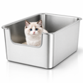 thumbnail image 1 of Sliver 17.5"L×13.6"W×7.9"H High-Sided Stainless Steel Cat Litter Box, 1 of 6
