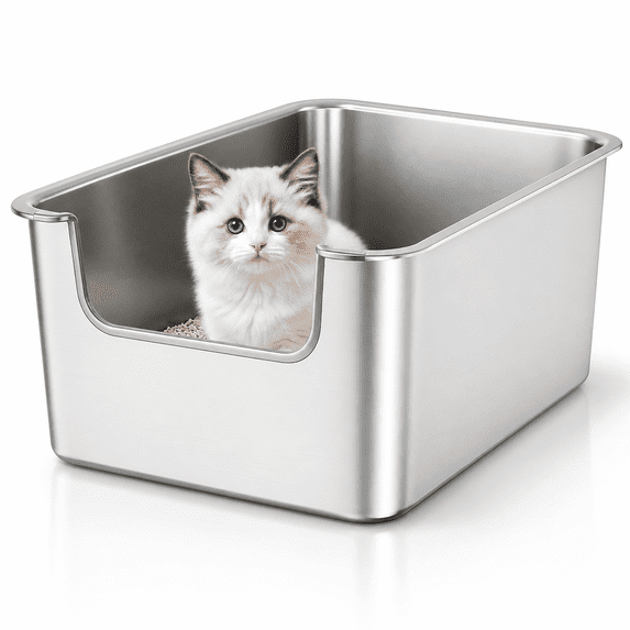 Sliver 17.5"L×13.6"W×7.9"H High-Sided Stainless Steel Cat Litter Box