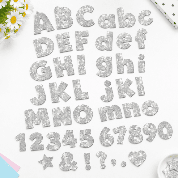 Sliver 4 Inch Glitter Cardboard Letters Numbers and Punctuation Craft Set with Glue Dots