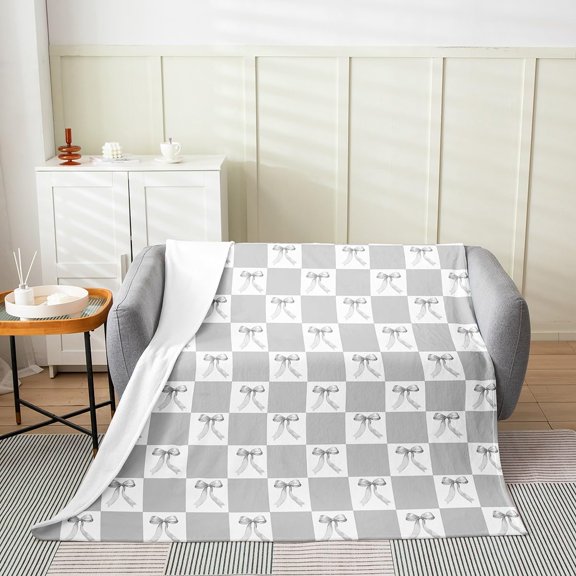 Sliver Bowknot Flannel Blanket,Geometric s Plaids Gray White Plush Blanket for Bed Sofa All Seasons,Dreamy Bow ss Style Girly Bed Blanket for Kids Bedroom,Baby 30"x40"