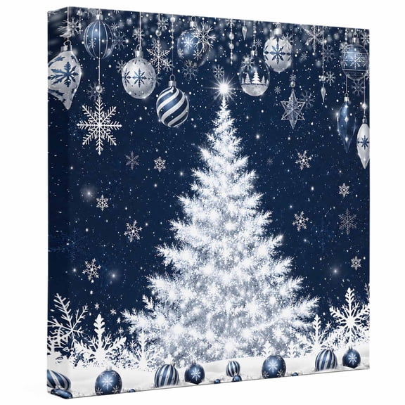 Sliver Christmas Tree Canvas Wall Art for Living Room, Hanging Blue Ornaments Snowflakes Navy Blue Poster Print Painting for Nightstand Bathroom Collage Decoration Wall Pictures Prepare To Hang 8"x8"