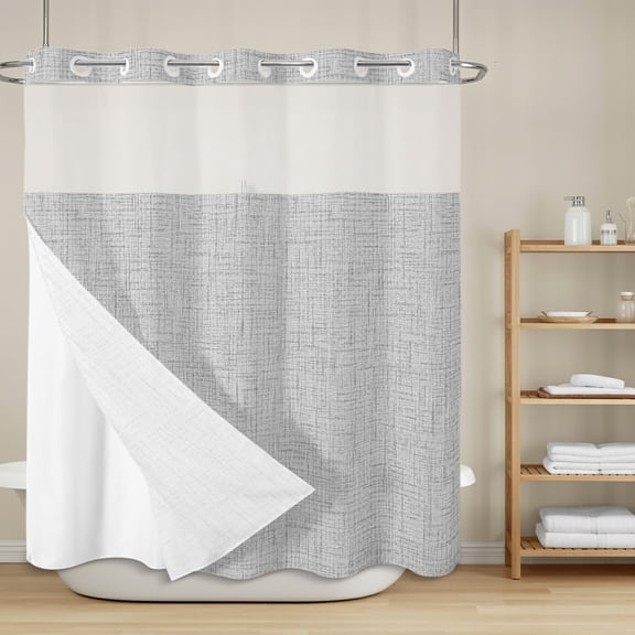 Sliver Gray Solid No Hook Shower Curtain with Snap in Liner, Minimalist Cloth Light Gray Linen Texture Industrial Waterproof Shower Curtains with See Through Top Window Liner for Bathroom 72x78 Inch