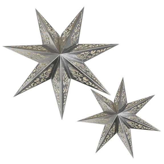 Sliver Paper Star Lanterns, 2pcs Stars Hanging Christmas Paper Lampshade 13.8" 7 Point Star Hanging Decorations for Christmas New Year Wedding Party Birthday decoration