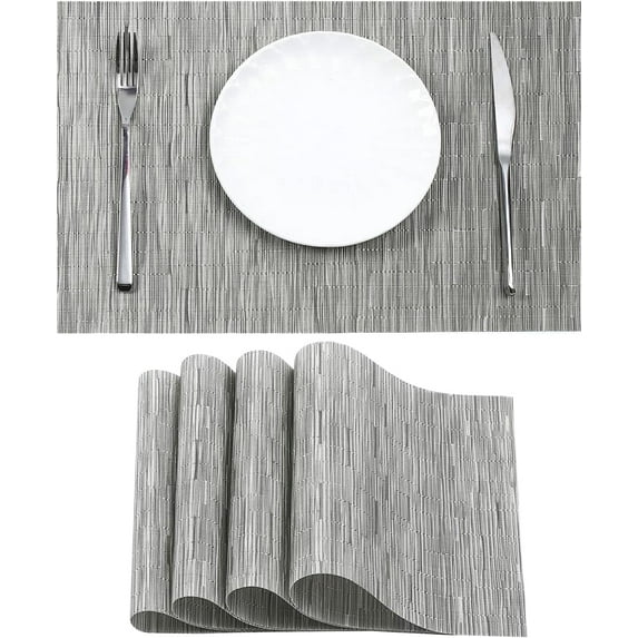 Sliver Placemats Set of 4 - Heat Resistant Non-Slip Place mats for Dining Table, Washable Durable PVC Vinyl Woven Table Mats(Sliver, 4)