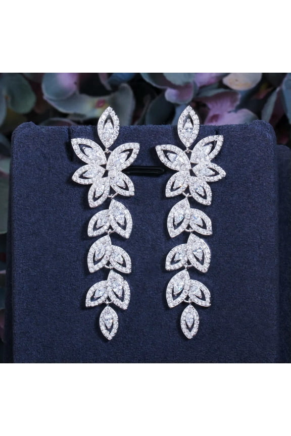 Sliver Plated Poland Marquise CZ Cluster Long Dangle Drop Flower Leaf Earrings