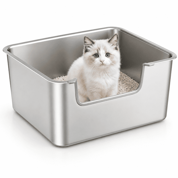Sliver-Side Entry 17.5"L×13.6"W×7.9"H Stainless Steel Cat Litter Box