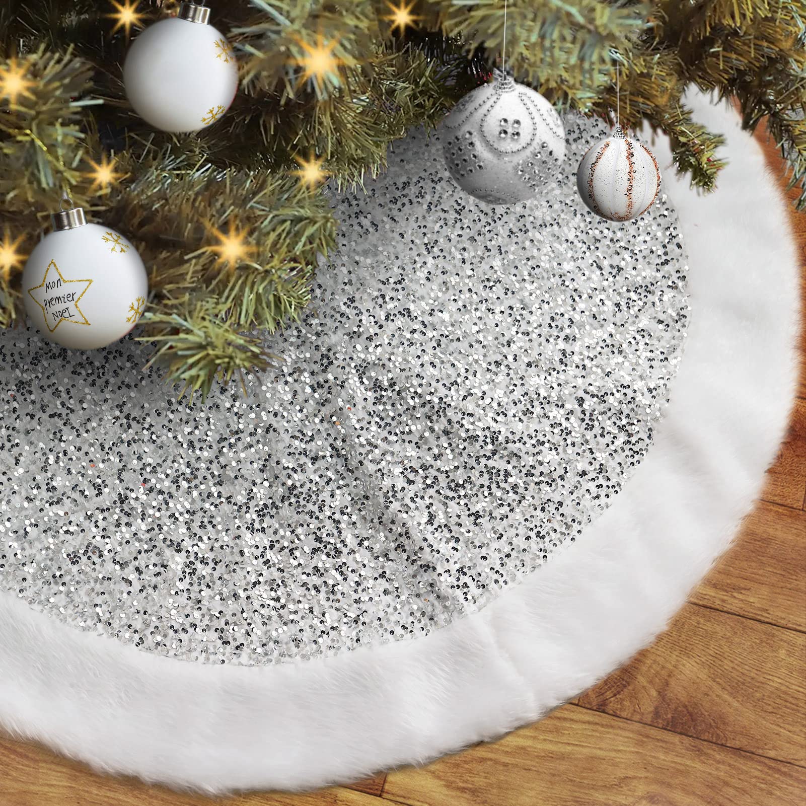 Sliver White Christmas Tree Skirt with Sequin Faux Fur, 36 Inch Small ...