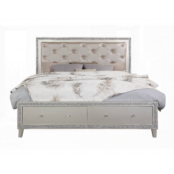 Sliverfluff Bed in Synthetic Leather & Champagne Finish, with Led & Storage, 13 Slats & 10 Support Legs