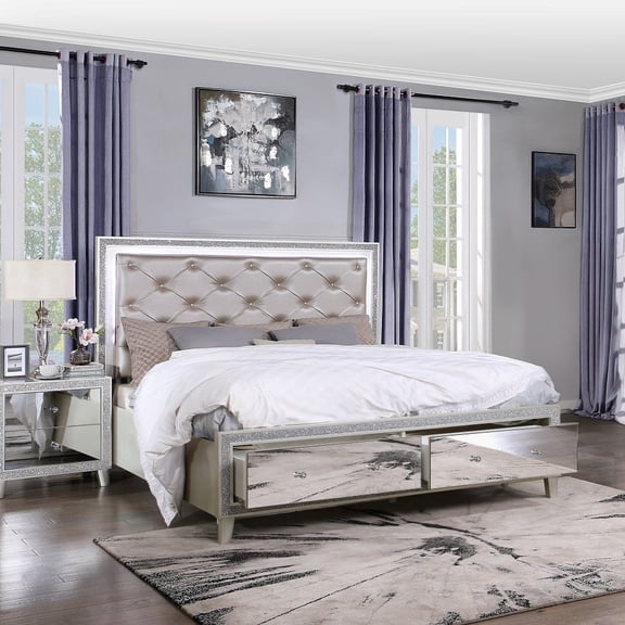 Sliverfluff California King Bed with Storage in PU & Champagne Finish