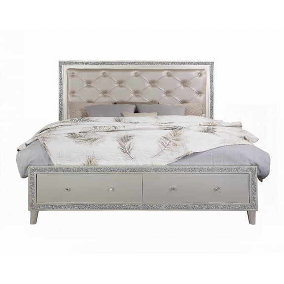 Sliverfluff EK Bed in Synthetic Leather & Champagne Finish, With Storage, Button Tufted PU Leather Headboard, 660lbs Weight Capacity