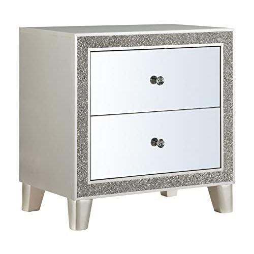 Elegant Mirrored Champagne Nightstand with 2 Solid Wood Drawers