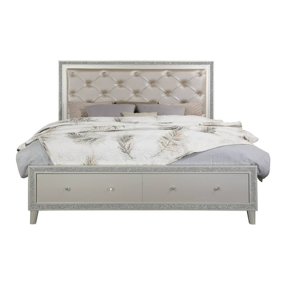 Sliverfluff Synthetic Leather & Champagne Finish EK Bed W/Led & Storage