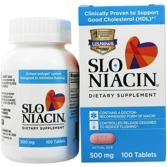 Slo-Niacin Vitamin B3 500 mg Slow-Release Niacin Tablets for Heart Health, Energy, Blood Sugar Support 100 Count