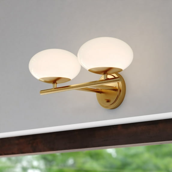 Sloane 2 Light LED Gold Satin Brass Mid-Century Modern Bathroom Vanity Wall Fixture with White Glass Globes